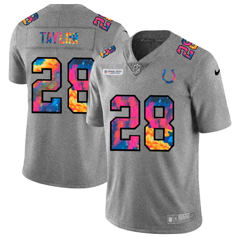 NFL Indianapolis Colts #28 Jonathan Taylor Men Nike MultiColor 2020  Crucial Catch  Jersey Grey